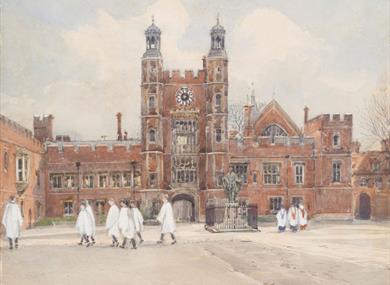 Nora Davison watercolour of Eton Boys in School Yard